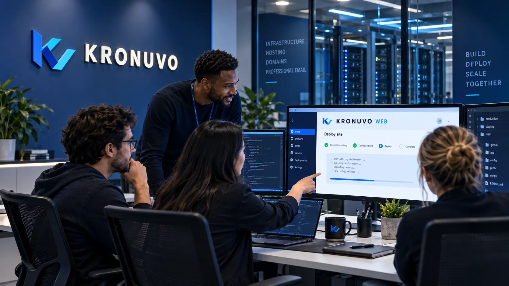 Technology professionals collaborating on a web deployment workflow